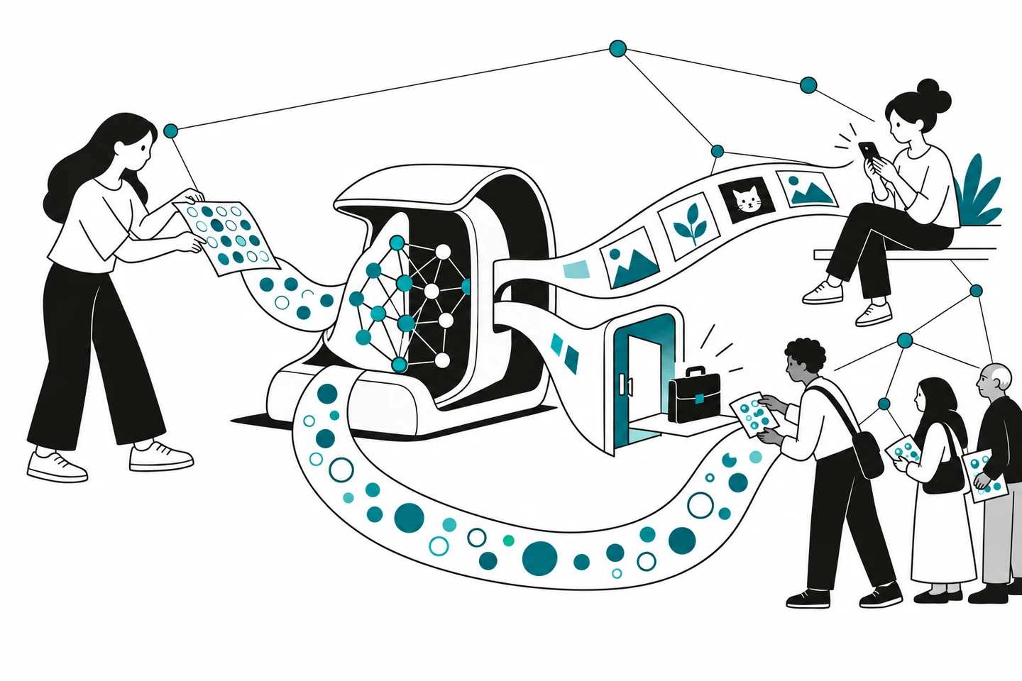 AI outputs shape information and opportunities; a returning ribbon carries user feedback, while connected nodes link people to one another